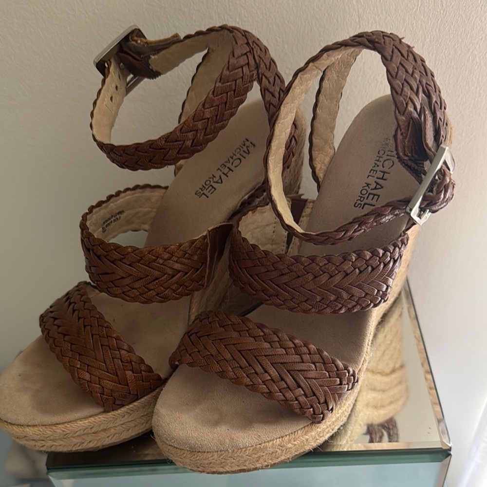 Michael Kors Brown Wedge Sandals with Braided Straps